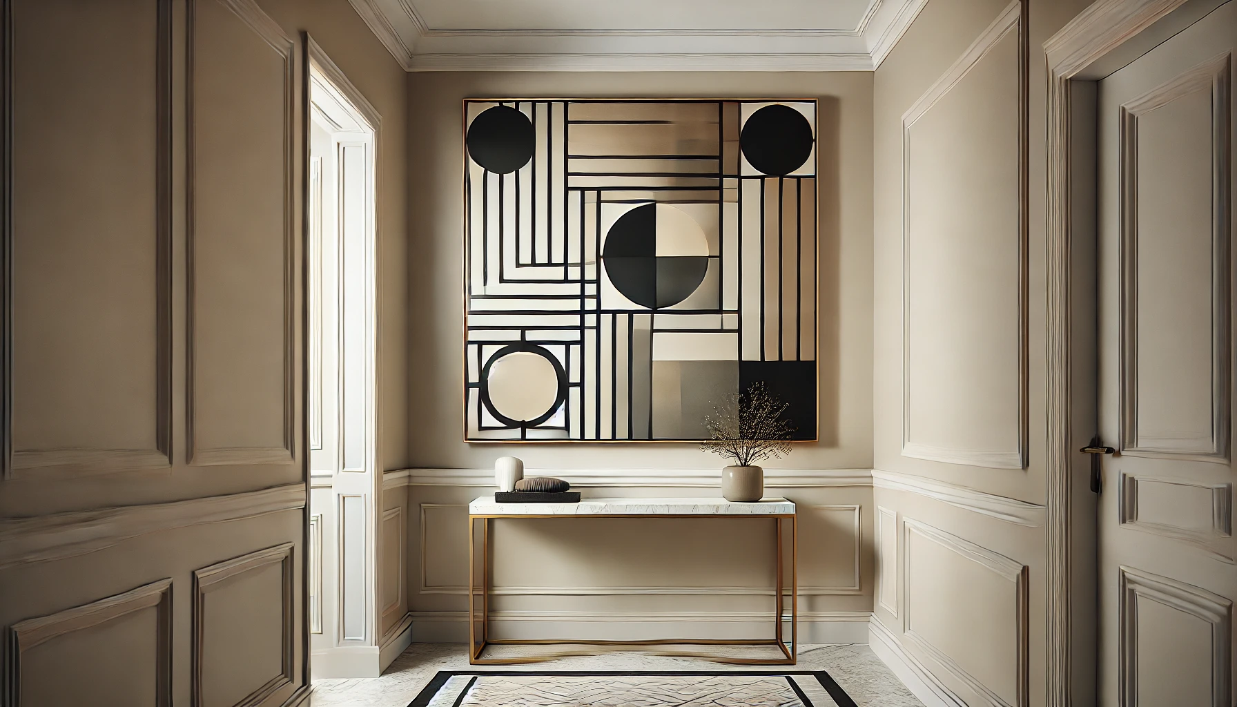 A hallway featuring a large black and beige geometric art piece, adding visual interest to the high-traffic space with neutral decor.