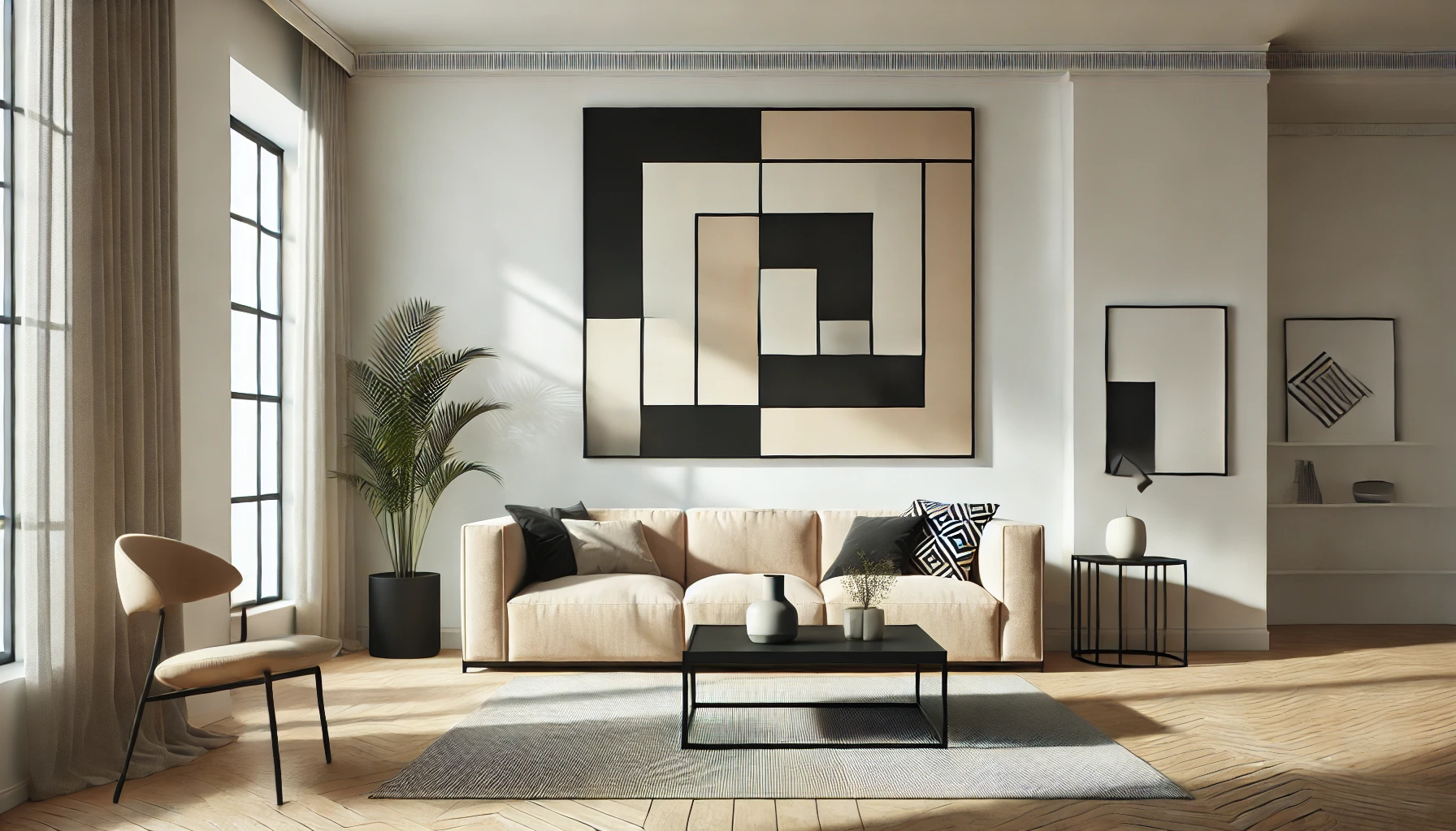 A minimalist living room featuring a large black and beige geometric wall art piece with clean lines, enhancing the modern, clutter-free design