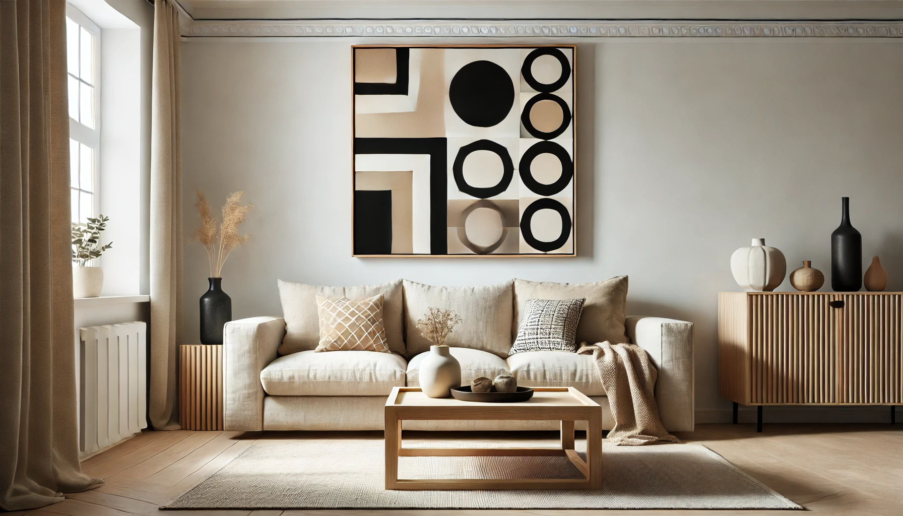 A living room with black and beige geometric wall art in a wooden frame, paired with natural textures like a linen sofa and wooden coffee table.