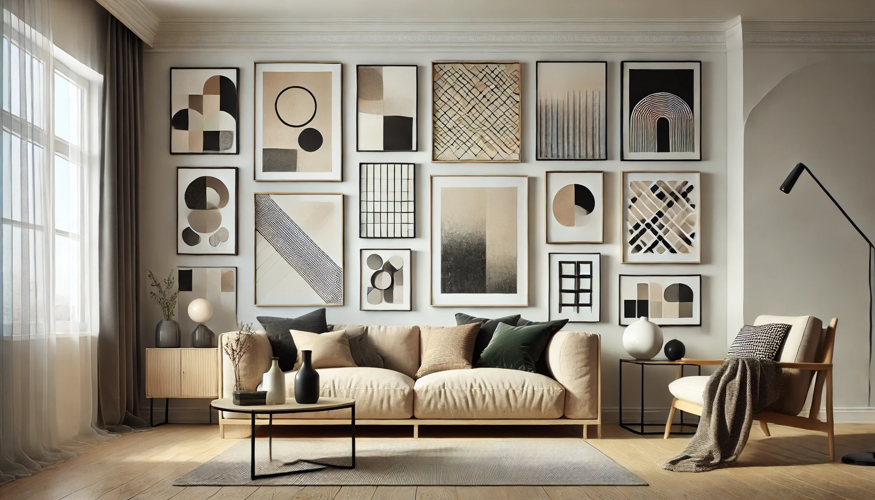 A modern gallery wall featuring black and beige geometric art pieces of various sizes, mixed with abstract and minimalist artworks in a living room.