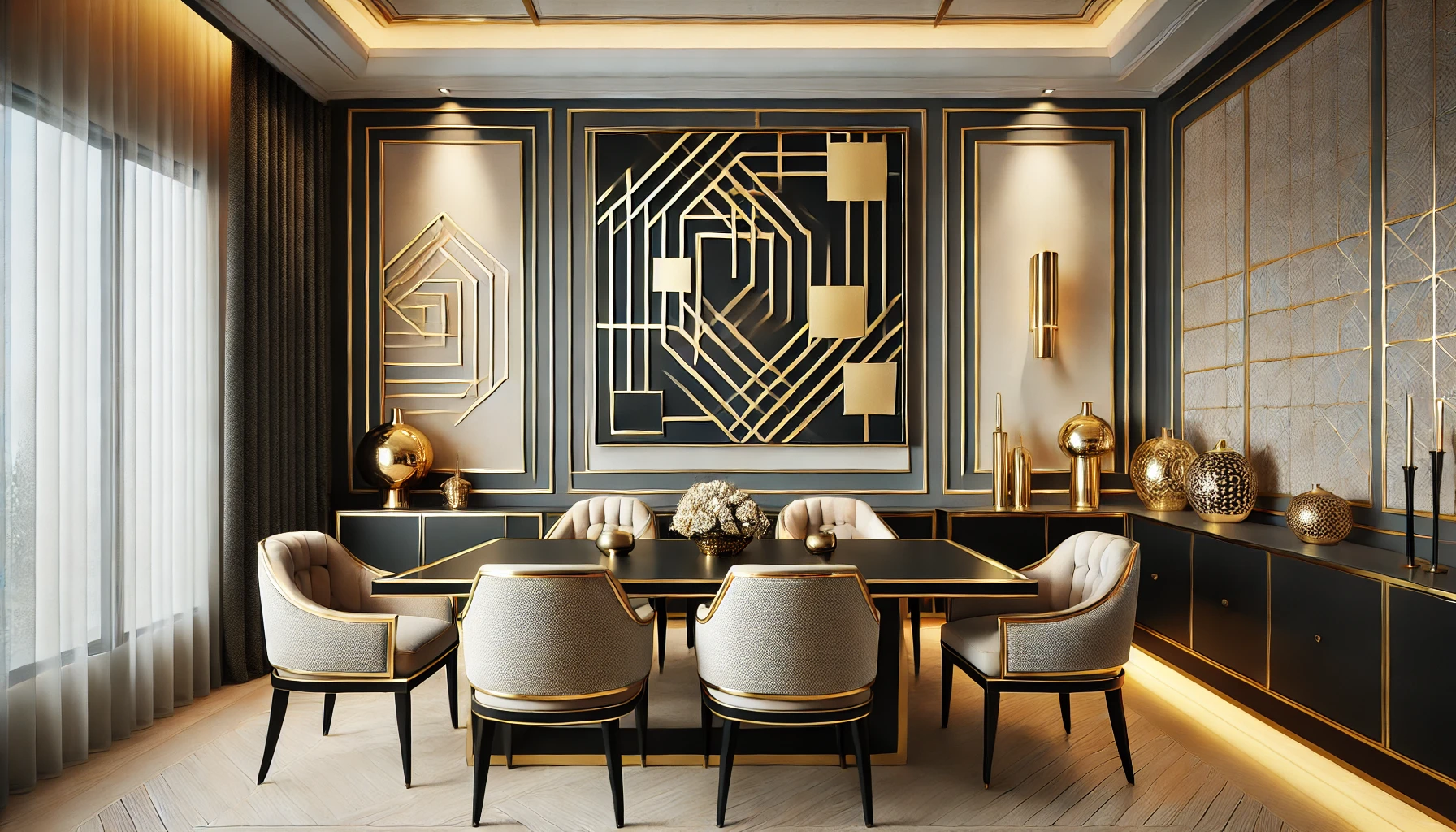 A dining room with black and beige geometric wall art framed in metallic gold, paired with gold lamps and vases for a touch of luxury.