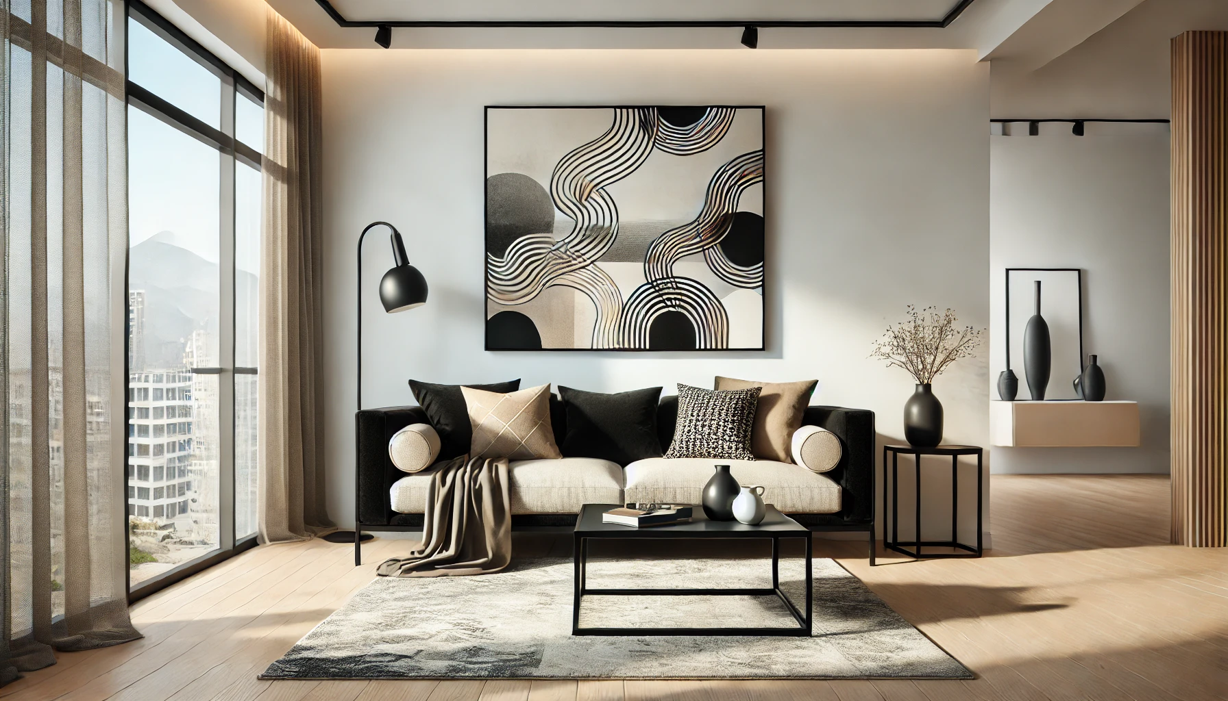 A modern living room with minimalist black and beige wall art on a clean white wall, with black furniture accents and beige throw pillows creating a warm, cohesive look