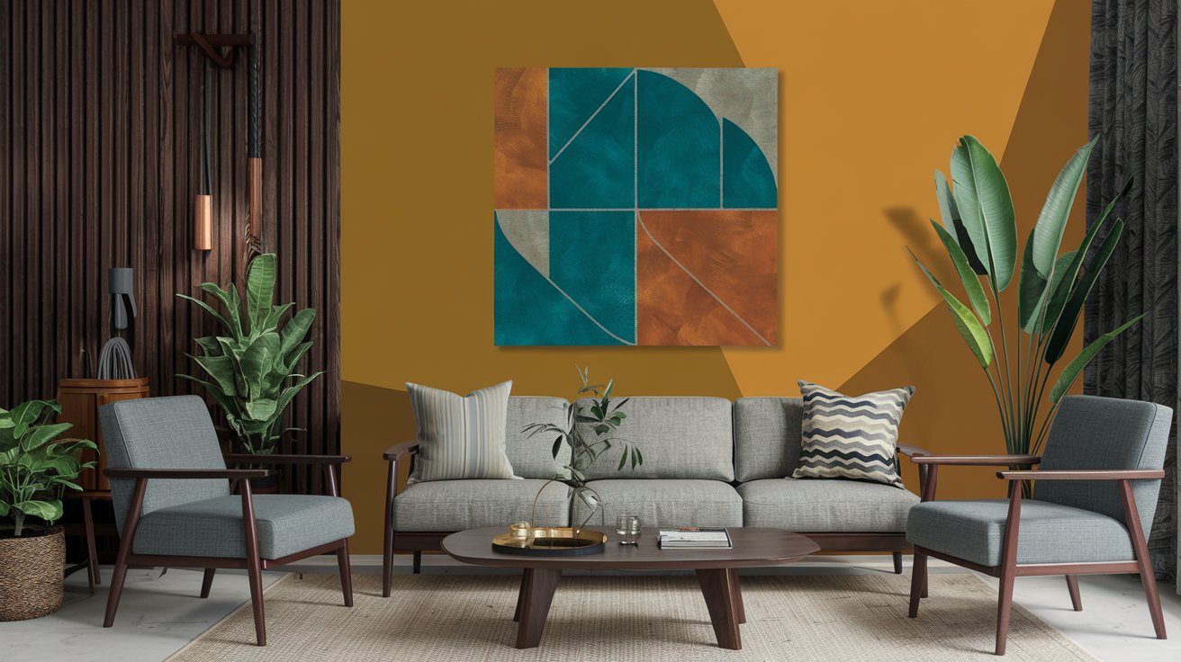 A modern living room featuring mid-century modern geometric wall art with clean lines, bold colors like mustard yellow, teal, and burnt orange, and minimalist furniture with wooden accents.