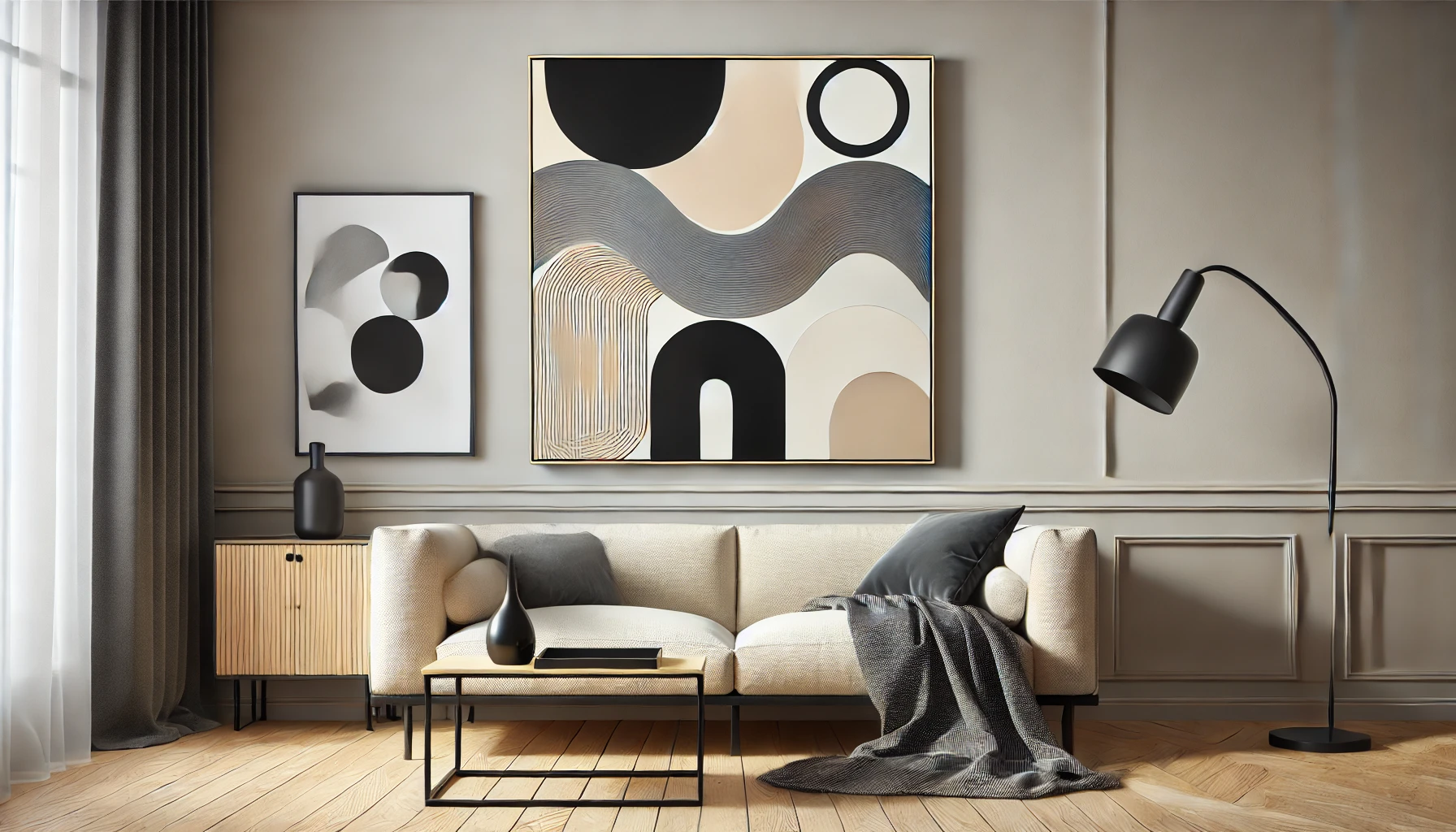 A textured black and beige abstract art piece with raised surfaces and layered paint, creating depth and dimension in a minimalist dining room.