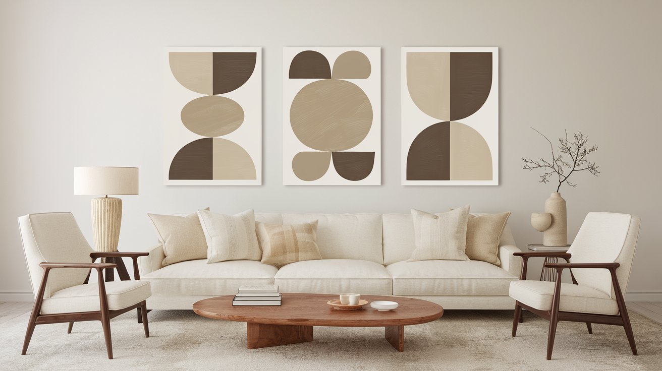 A minimalist living room with mid-century modern wall art featuring geometric shapes and neutral tones, adding sophistication and balance to the interior space.