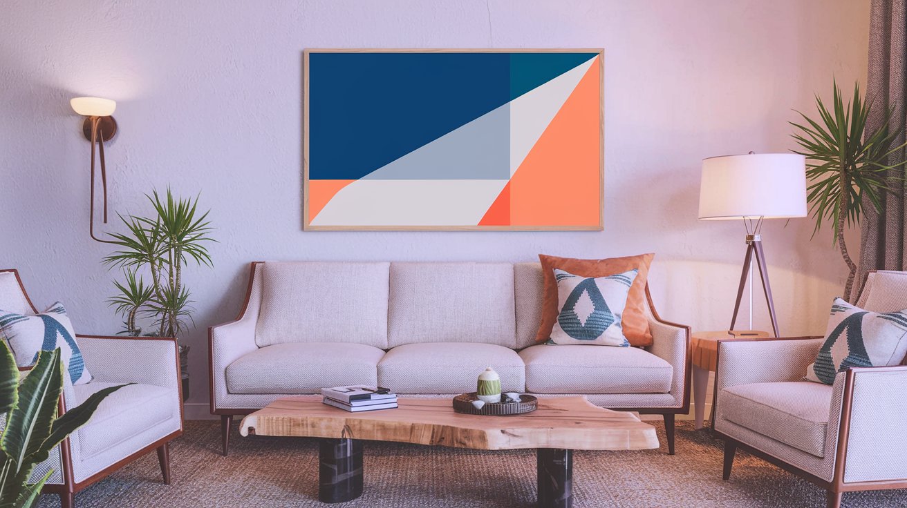 Mid-century modern abstract wall art hung above a sofa in a living room with natural wood furniture, creating a cohesive, balanced look.