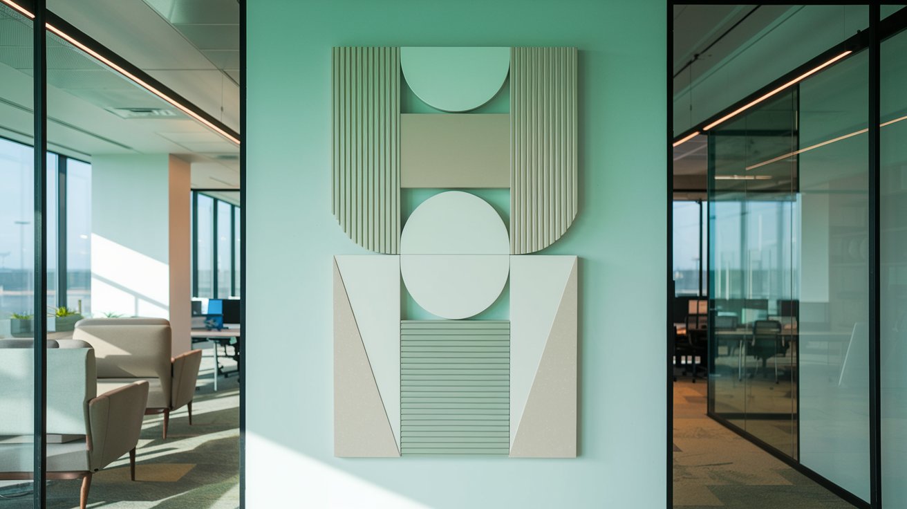 A modern office with mid-century modern wall art featuring simple geometric shapes in neutral colors, fostering a professional and inspiring environment