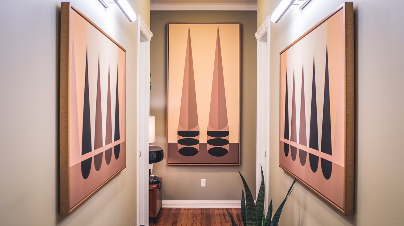 A narrow hallway with mid-century modern minimalist wall art featuring elongated geometric designs, adding subtle elegance to the space.