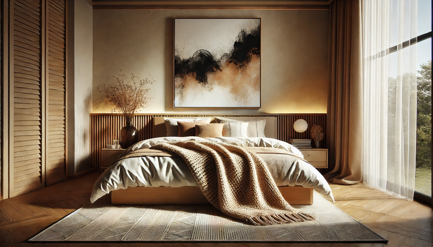 A cozy bedroom with black and beige abstract art, layered with a soft wool throw and a textured rug to create a welcoming, comfortable atmosphere