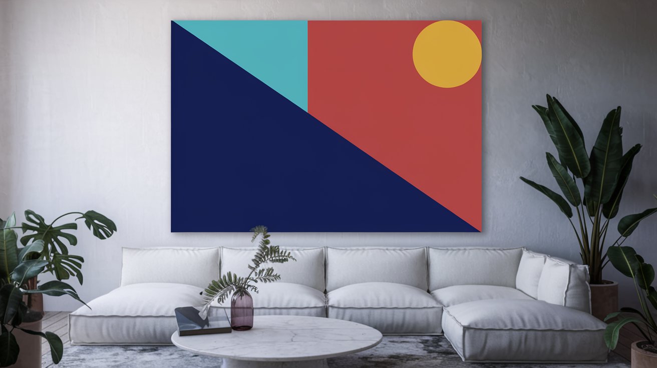 A colorful mid-century modern geometric art piece showcasing a bold color palette of teal, mustard yellow, burnt orange, and earthy tones arranged in dynamic shapes.