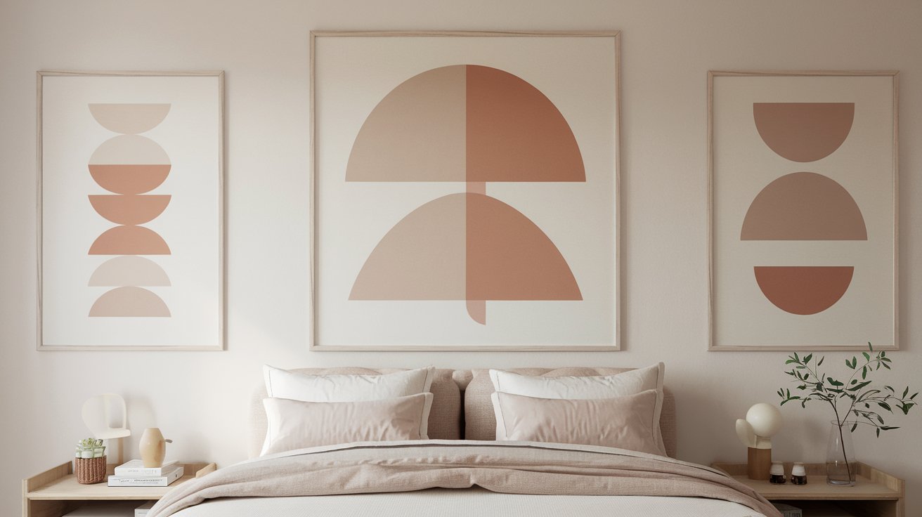 A calming bedroom with mid-century modern minimalist wall art featuring geometric shapes and soft neutral tones, providing a relaxed ambiance.