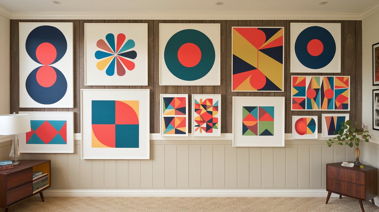 A selection of mid-century modern geometric wall art in various sizes and shapes, some large and others small, to create a cohesive gallery wall.