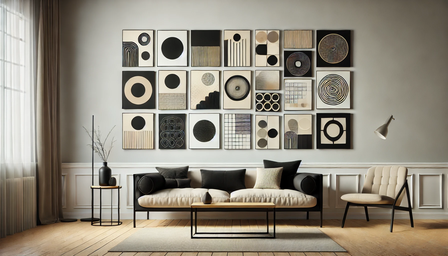 A modern gallery wall with a mix of small and large black and beige wall art pieces in different geometric shapes, creating an eye-catching display