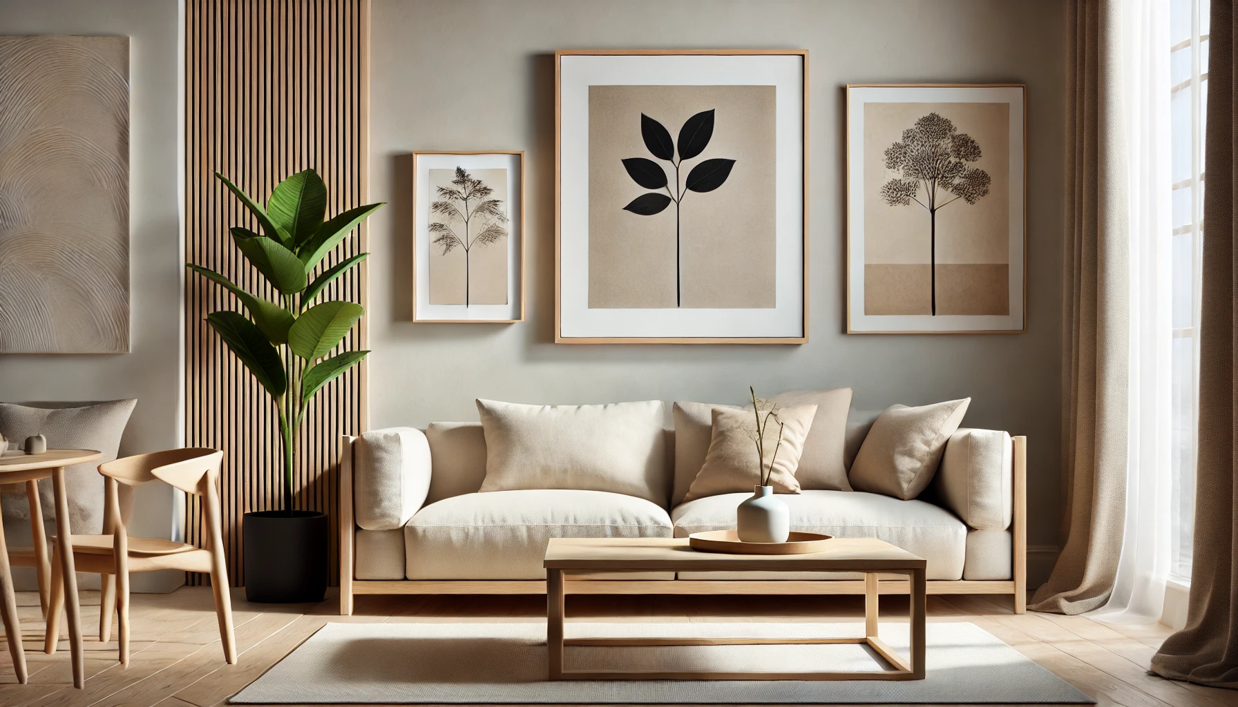 A minimalist living room with black and beige wall art framed in natural wood, paired with a live plant and wooden coffee table for added warmth.