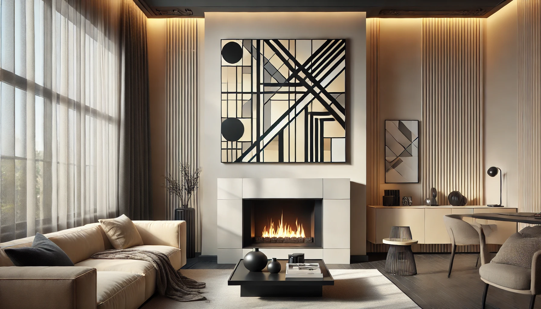 A modern living room with a bold black and beige geometric art piece above the fireplace, adding visual interest with its sharp lines and shapes.