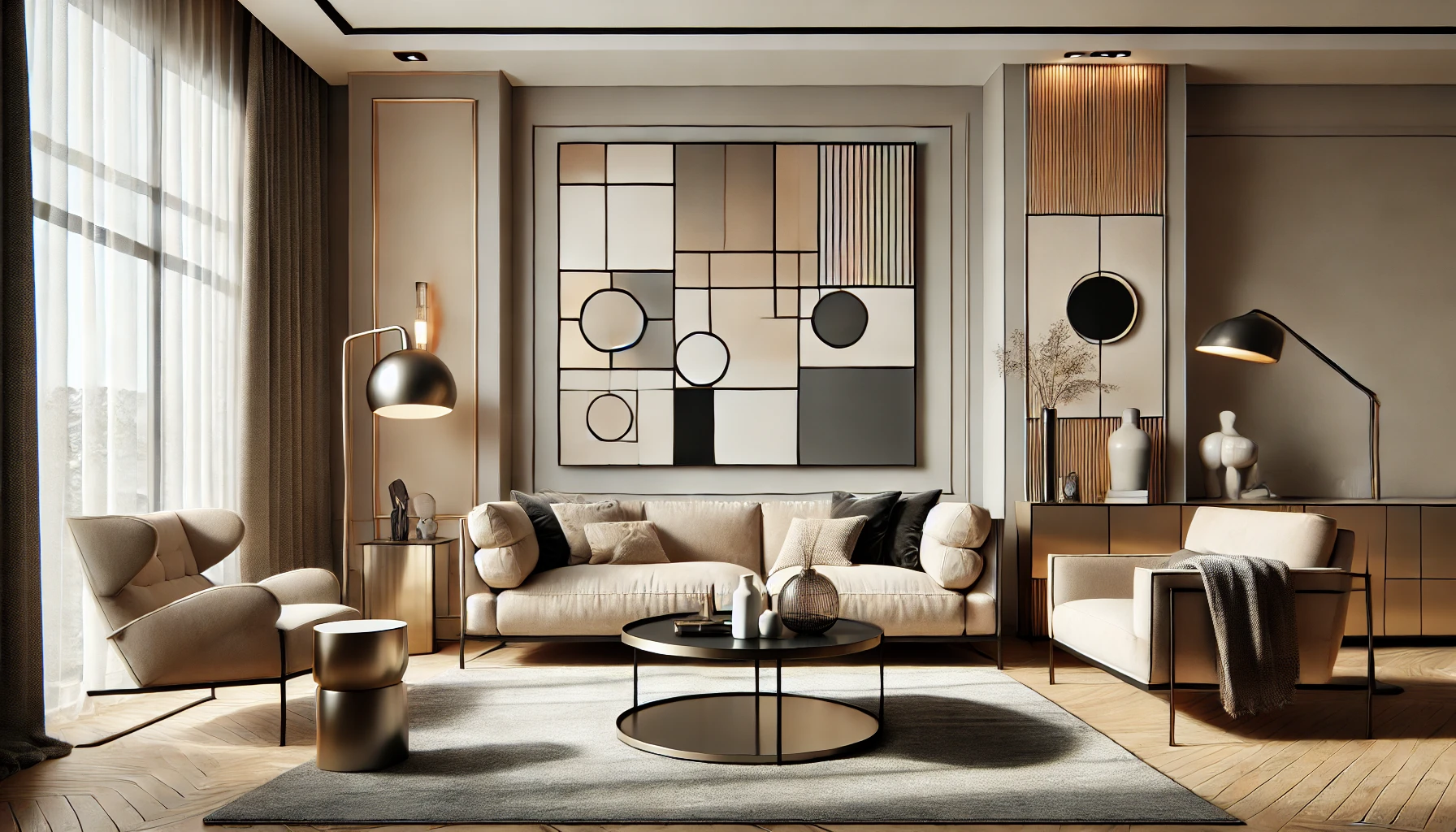 A modern living room with a large black and beige geometric wall art piece, featuring bold shapes and clean lines. The room is styled with neutral furniture and metallic accents