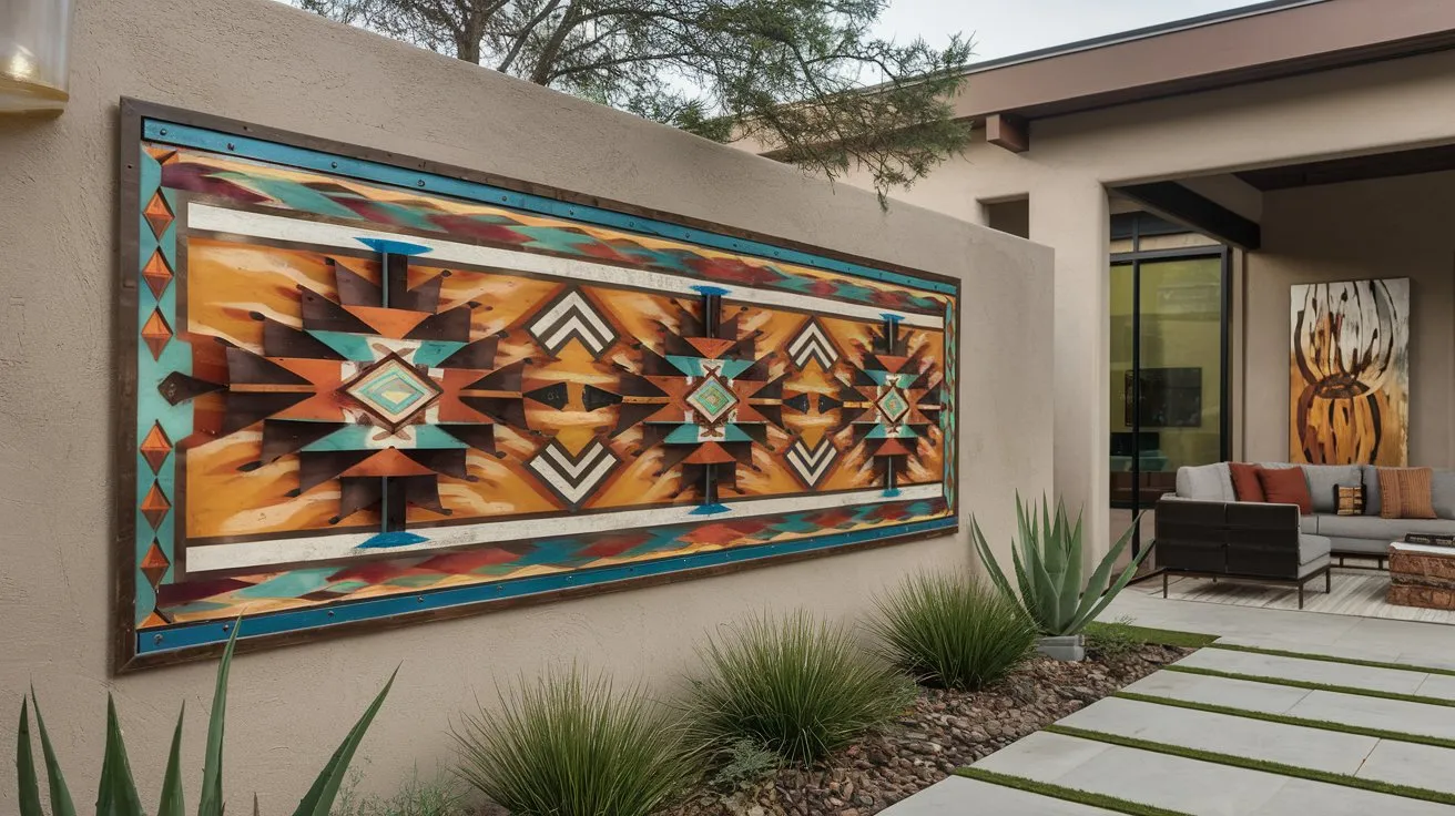 Abstract metal wall art mounted on an outdoor patio wall